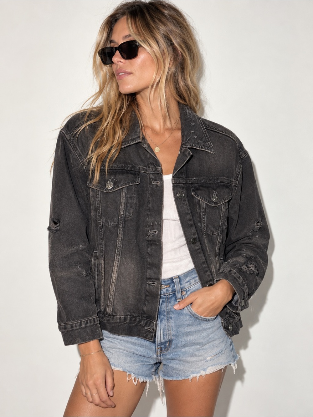 Free People We The Free Washed Black Distressed Denim Trucker Jacket XS NWT